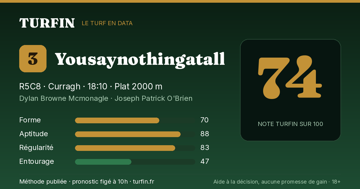 Yousaynothingatall, noté 74 sur 100 par Turfin
