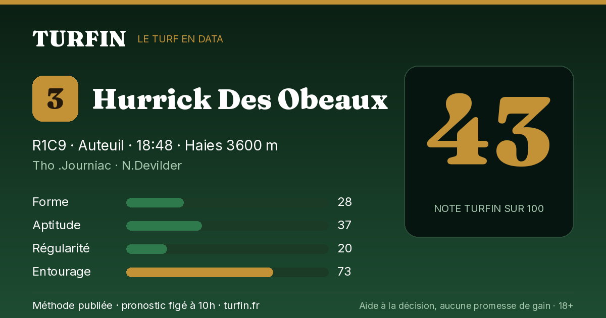 Hurrick Des Obeaux, noté 43 sur 100 par Turfin