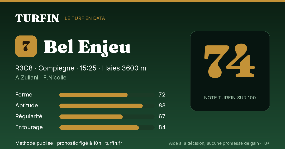 Bel Enjeu, noté 74 sur 100 par Turfin