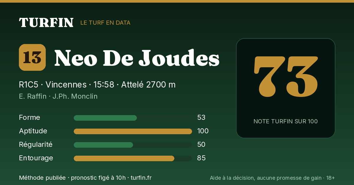 Neo De Joudes, noté 73 sur 100 par Turfin