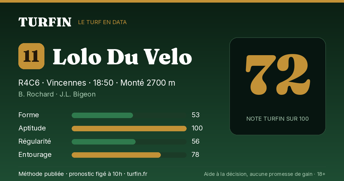 Lolo Du Velo, noté 72 sur 100 par Turfin