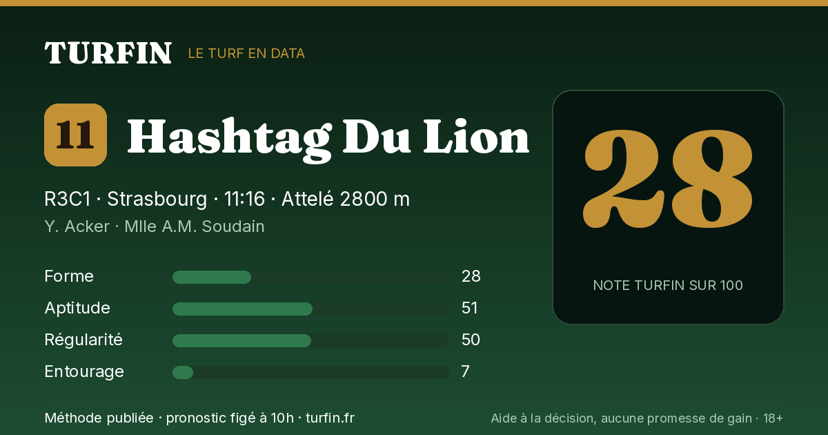 Hashtag Du Lion, noté 28 sur 100 par Turfin