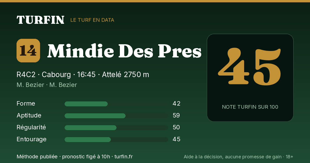 Mindie Des Pres, noté 45 sur 100 par Turfin