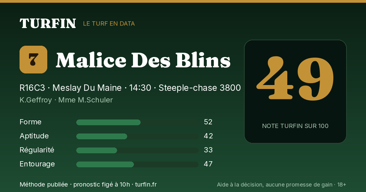 Malice Des Blins, noté 49 sur 100 par Turfin