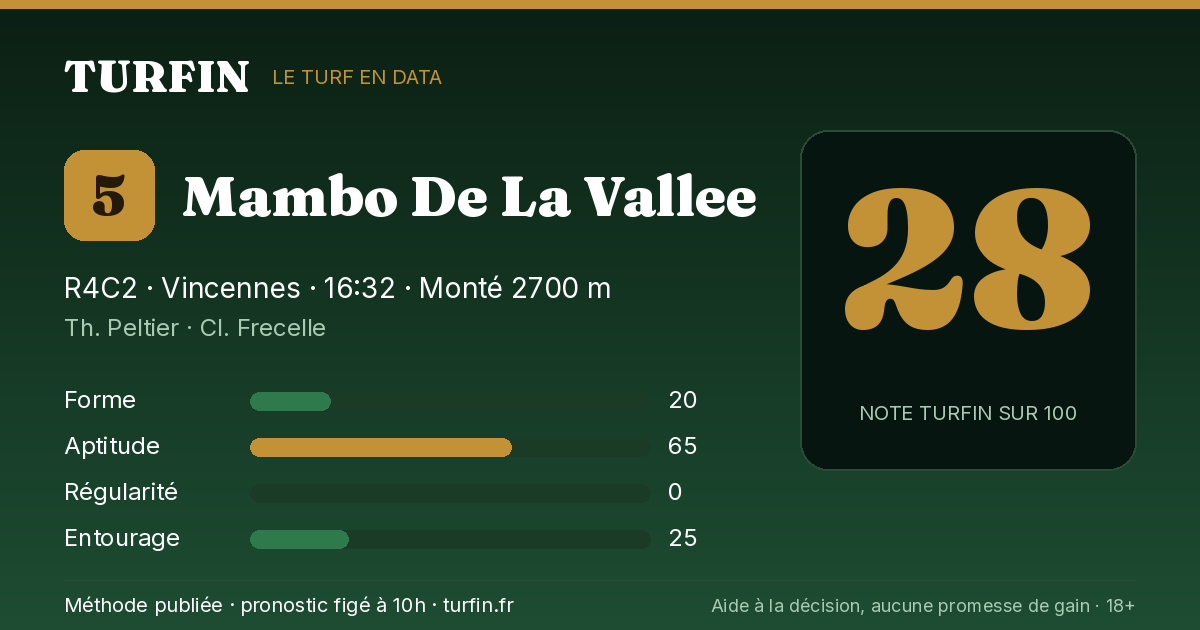 Mambo De La Vallee, noté 28 sur 100 par Turfin